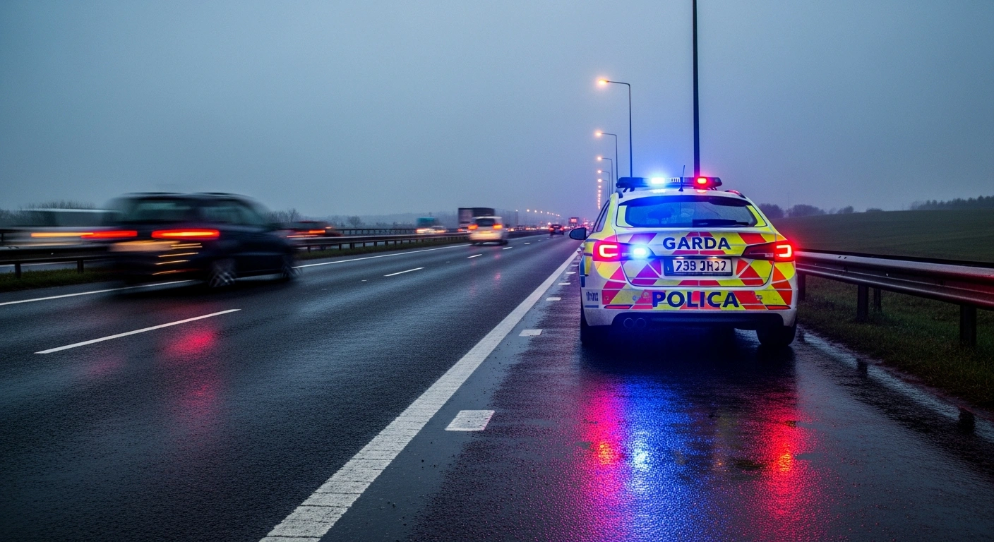 An Irish Garda patrol car with flashing emergency lights monitors traffic on a busy motorway during the August bank holiday weekend to enforce road safety.
