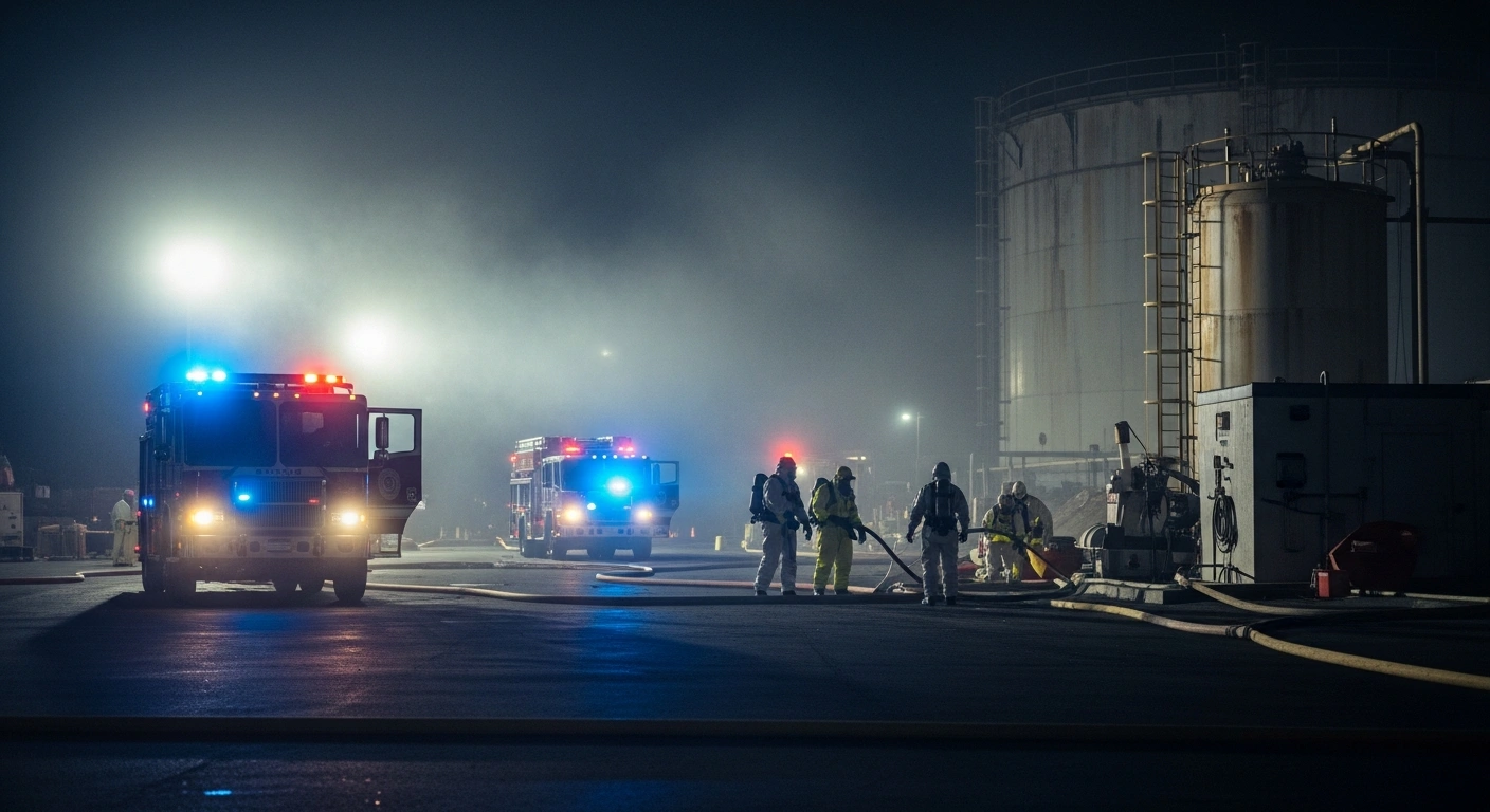 Hazmat responders in protective suits work at a chemical leak site in Garden Grove as part of a federally coordinated emergency response effort.