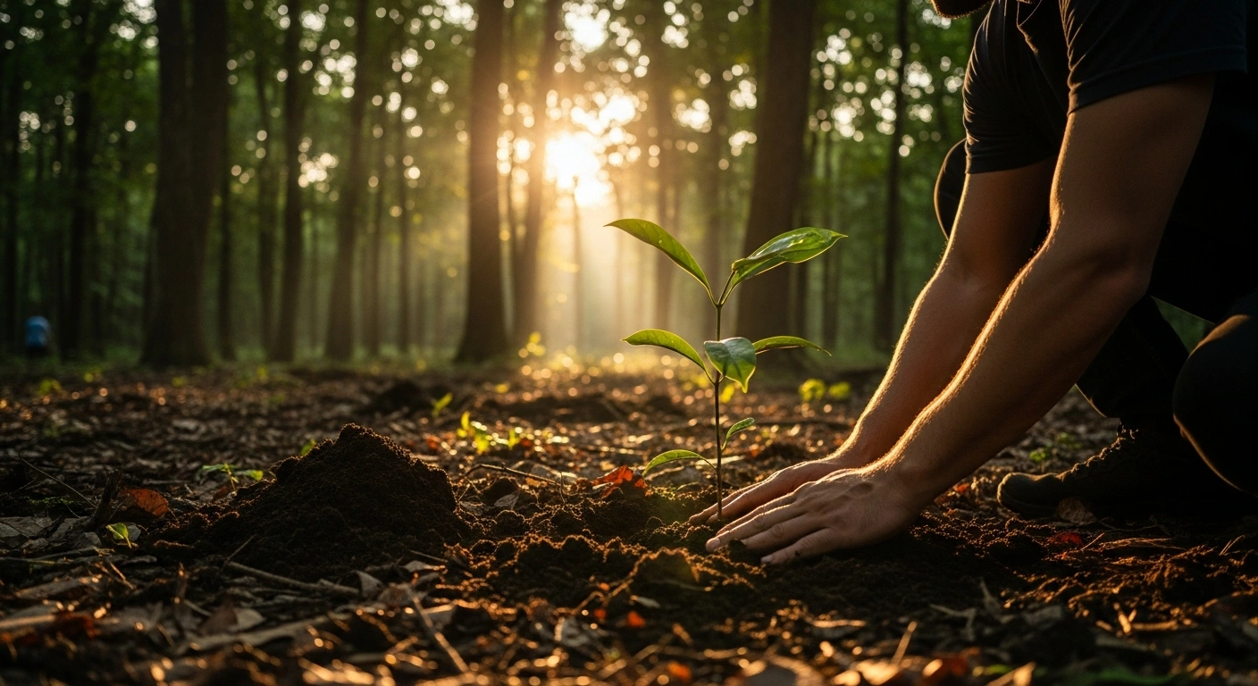 A volunteer plants a young sapling in a forest as part of the Garden of Memory campaign to honor those who died in the Great Patriotic War.