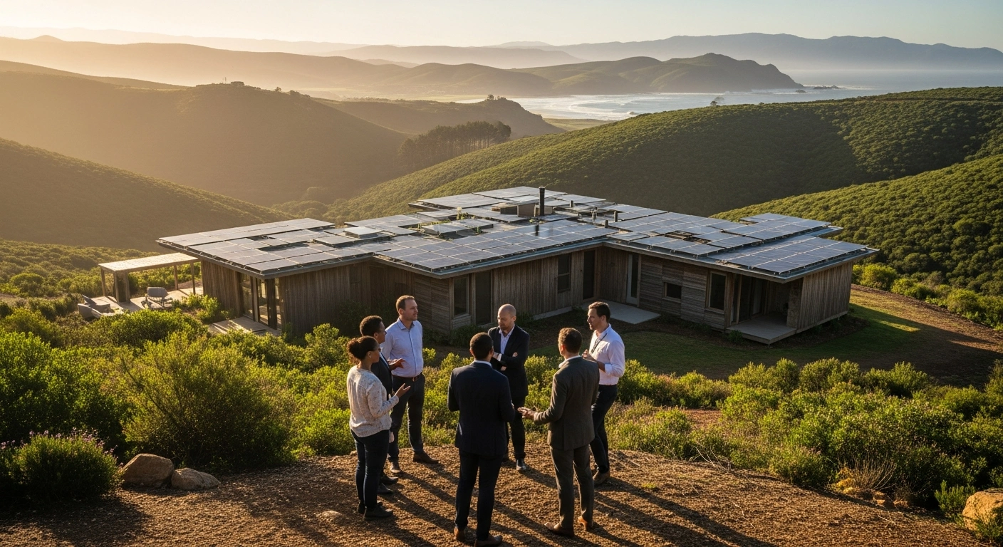 Diverse professionals gather at a climate summit in the Garden Route District of South Africa to discuss disaster management and sustainable infrastructure.