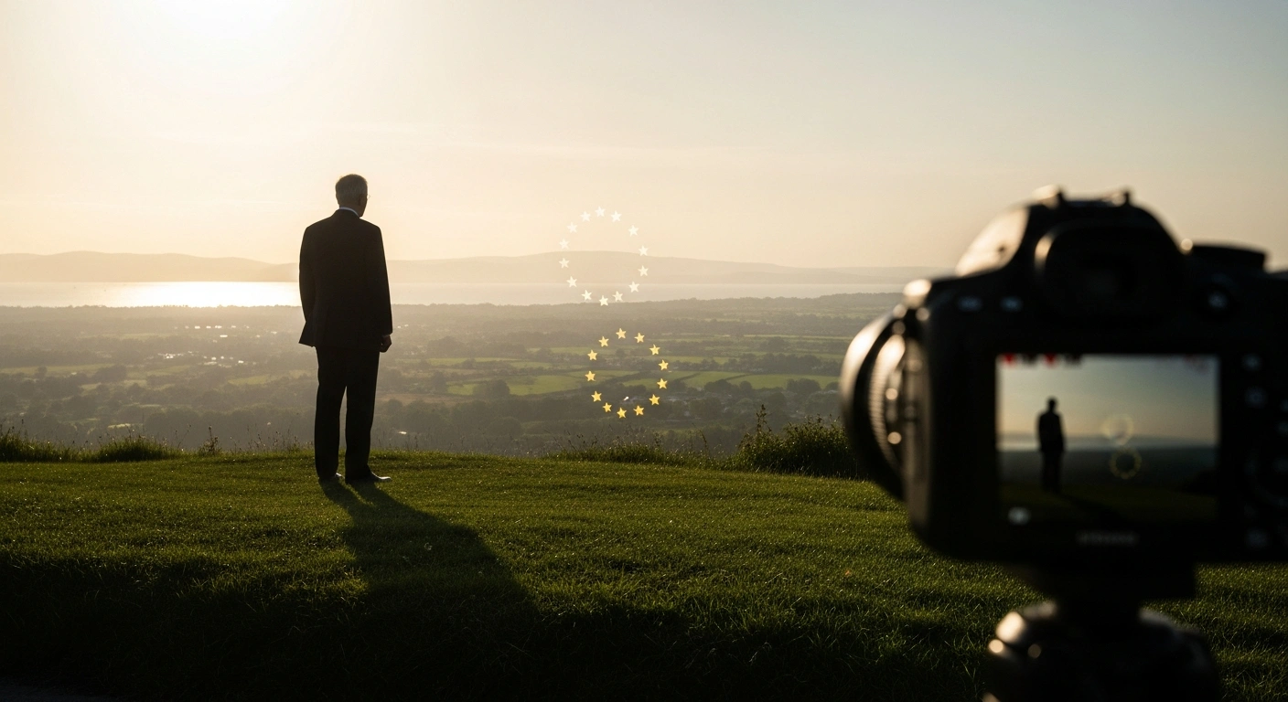 A dignified, silhouetted figure, symbolizing former Taoiseach Garret FitzGerald's enduring legacy, stands on a verdant Irish hill at sunset, gazing towards a horizon subtly lit by European stars, representing his contributions to European integration, social reform, and the peace process on his 100th birth anniversary.