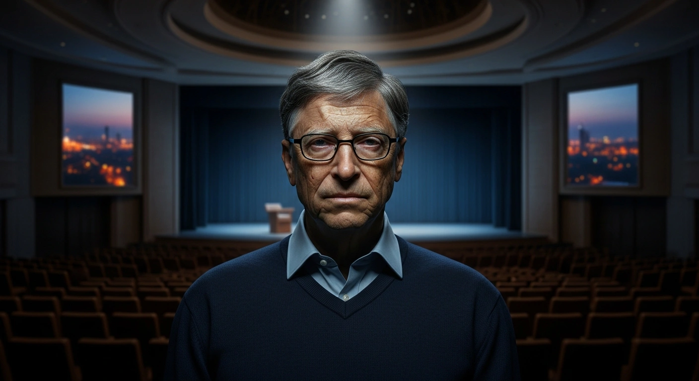 A solitary figure resembling Bill Gates stands in a dimly lit conference hall, a spotlight on his contemplative face, with an empty stage in the background and a blurred New Delhi cityscape, symbolizing his withdrawal from the India AI Impact Summit following scrutiny related to Jeffrey Epstein files.
