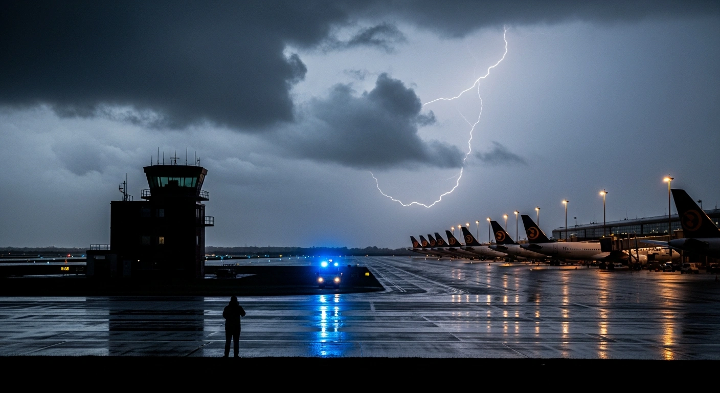 A dark and stormy evening at London Gatwick Airport where flight operations are suspended due to severe weather and damaged air traffic control systems.