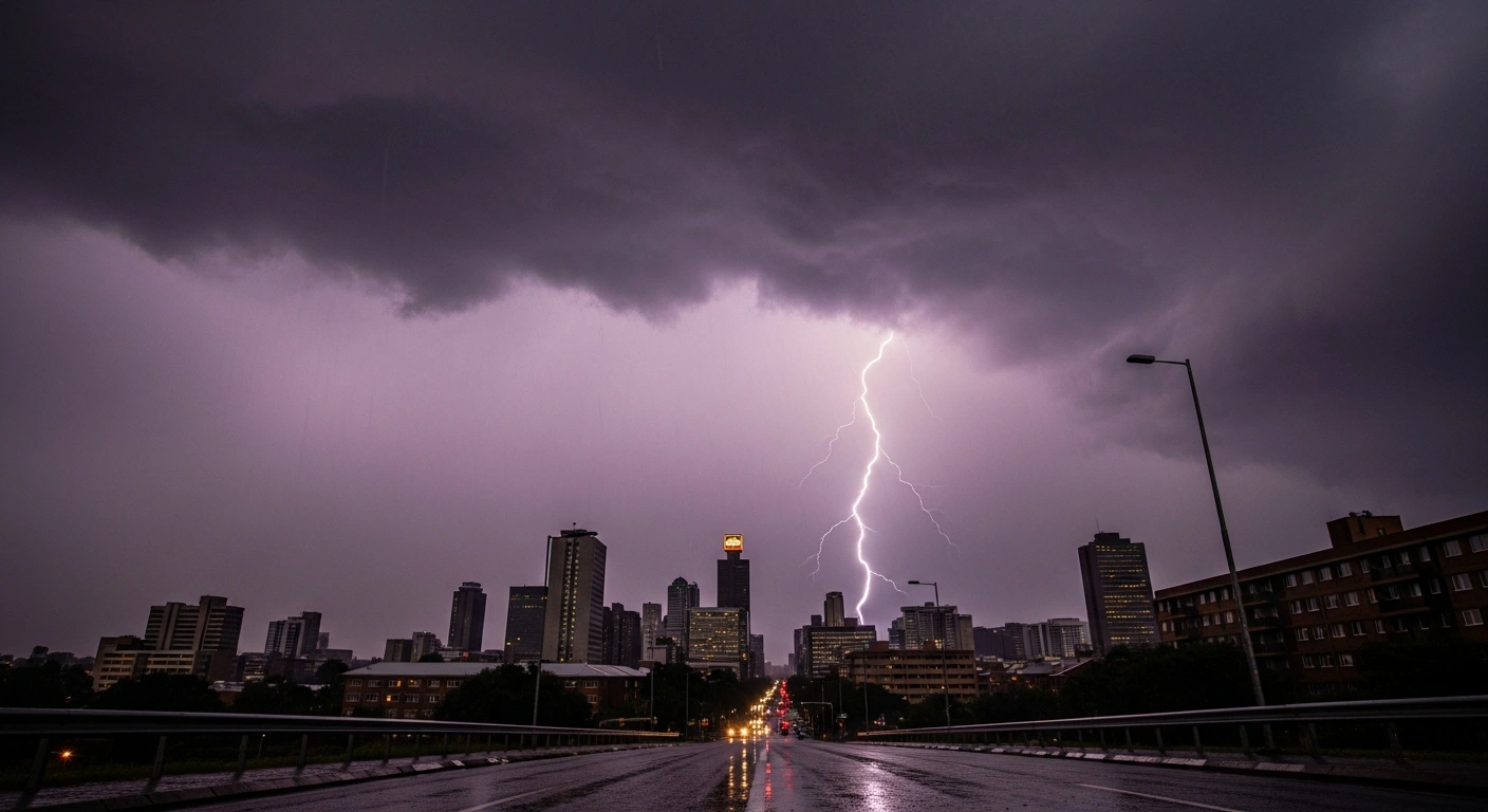 A dramatic low-angle shot captures a severe thunderstorm with torrential rain and rising floodwaters over the Johannesburg skyline, depicting the Yellow Level 2 warning for flash floods issued by the South African Weather Service for Gauteng and Tshwane.