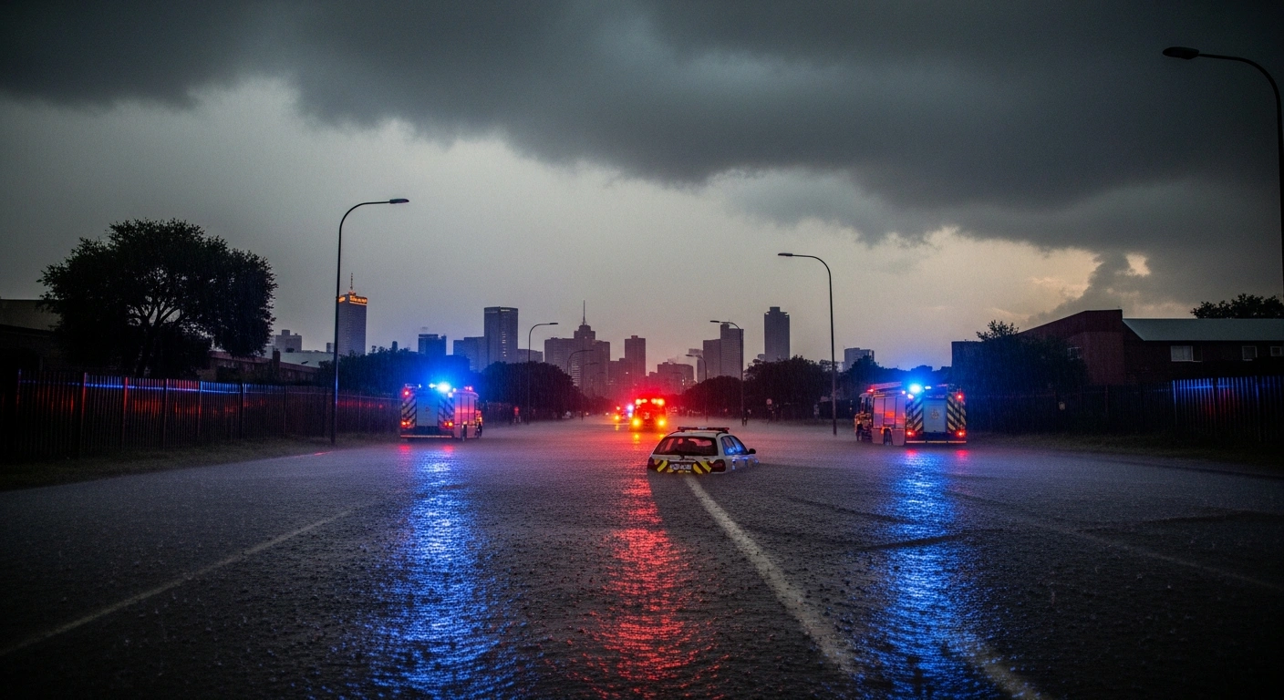 A wide, low-angle shot depicts severe localized flooding in Johannesburg, Gauteng, South Africa, with torrential rain blurring the city skyline, emergency vehicle lights reflecting in the water-logged streets, and a stranded car partially submerged, illustrating the impact of heavy thunderstorms and a Yellow Level 2 warning.
