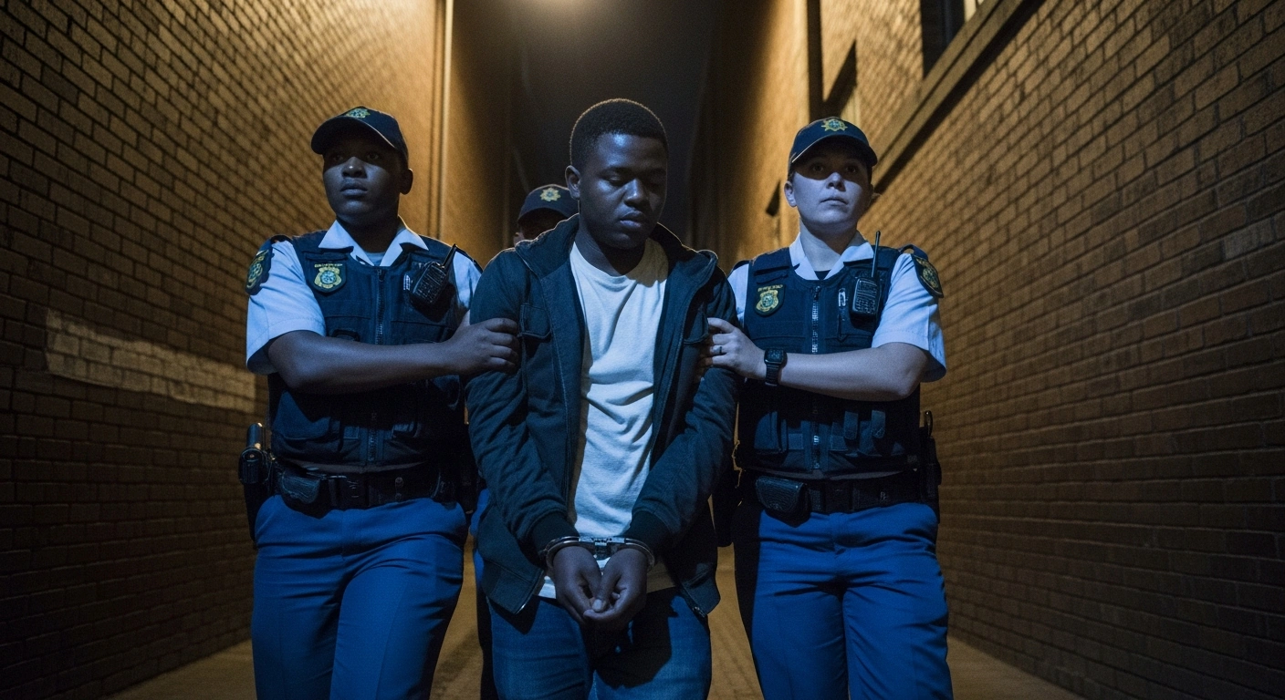A dramatic low-angle shot at night shows a young Mozambican national, believed to be the shooter in the assassination of DJ Warras, being apprehended by two uniformed Gauteng police officers in a dimly lit urban alley.