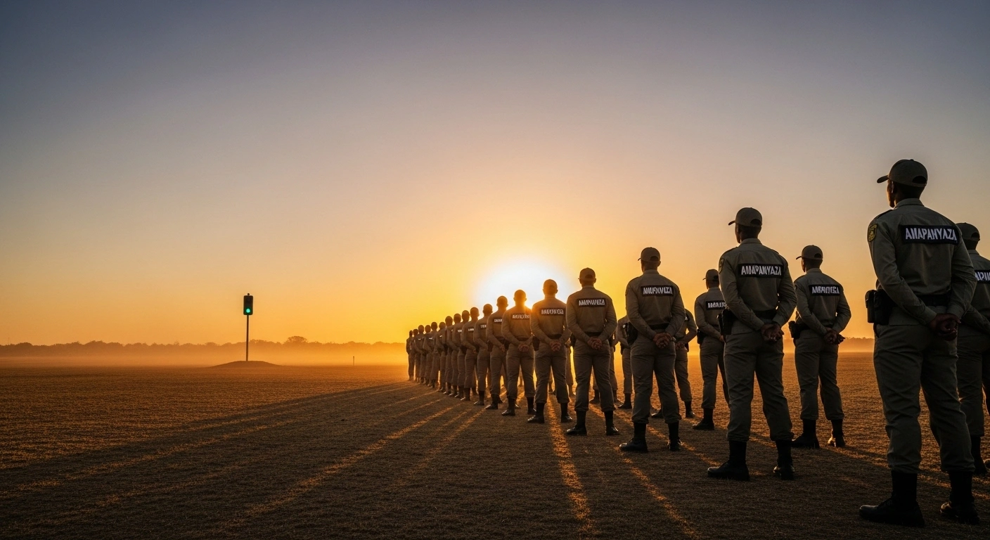 A group of uniformed AmaPanyaza wardens stands in an open field at sunset, looking towards a distant traffic light, symbolizing their upcoming retraining and reassignment as provincial traffic officers in Gauteng, as announced by Premier Panyaza Lesufi.