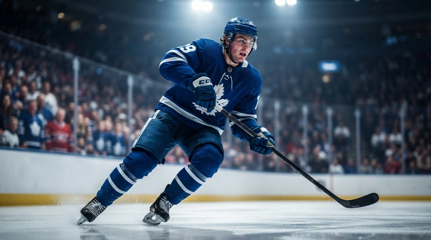 A young Toronto Maple Leafs hockey player skates on the ice during his professional debut in a game against the Montreal Canadiens.
