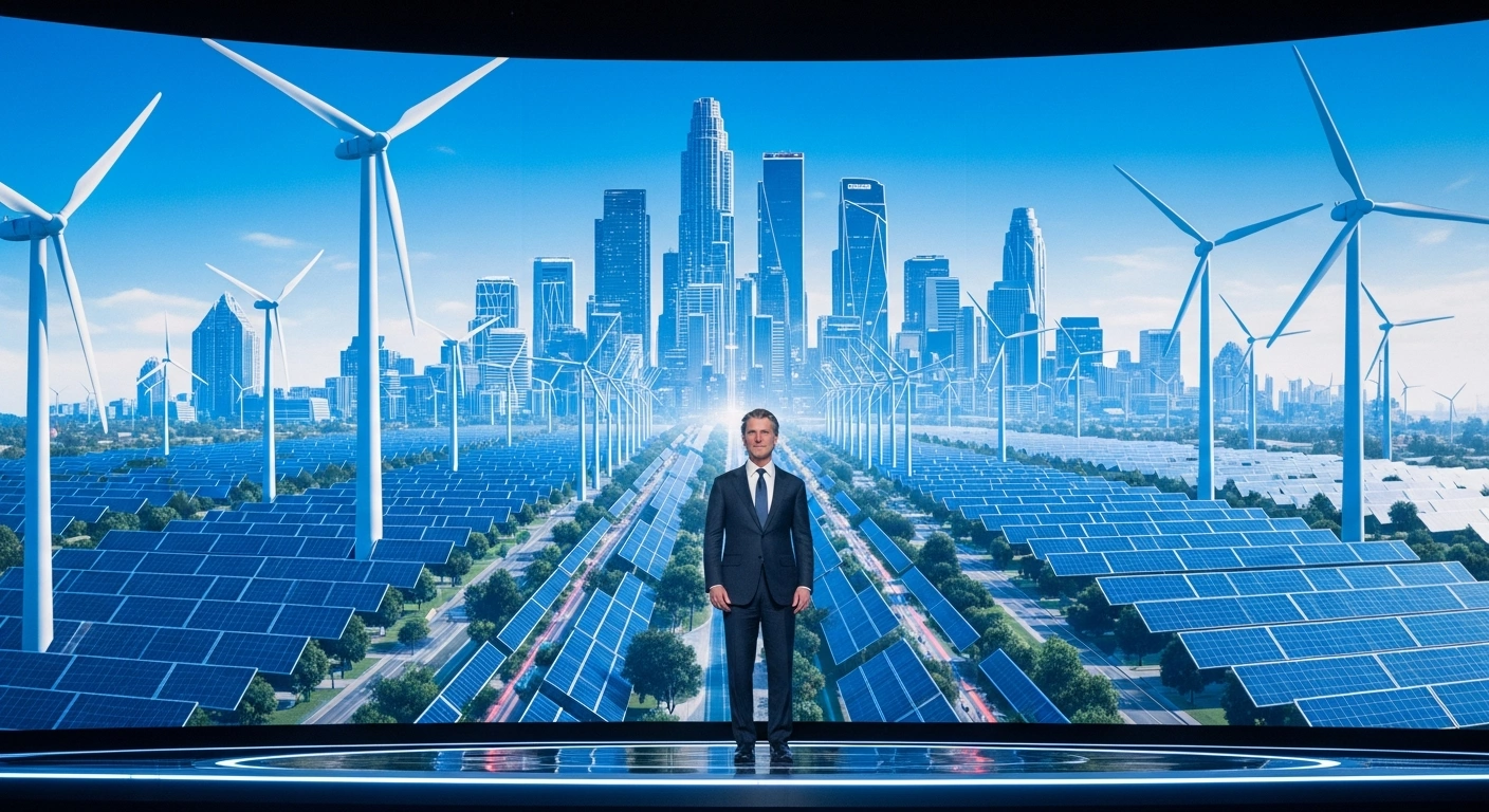 California Governor Gavin Newsom delivers his State of the State address from a brightly lit stage, with a futuristic cityscape powered by clean energy projected behind him, symbolizing the state's role as a blueprint for progress and innovation.