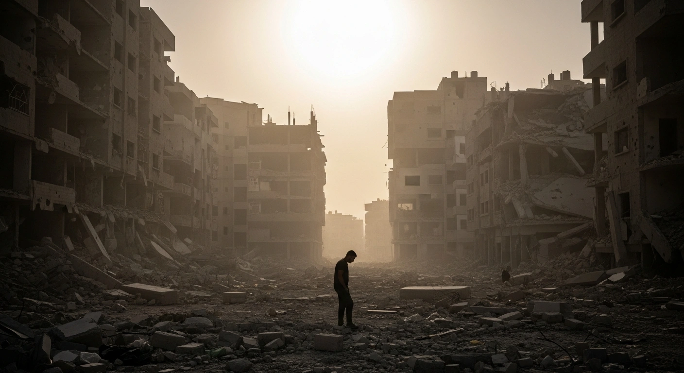 A wide, low-angle shot depicts a heavily damaged urban landscape in the Gaza Strip at late afternoon, with a lone silhouetted figure standing amidst extensive concrete rubble, symbolizing the cumulative death toll and wounded from the Israeli aggression since October 7, 2023, and the many victims still believed to be under rubble, as reported by Palestinian health authorities.