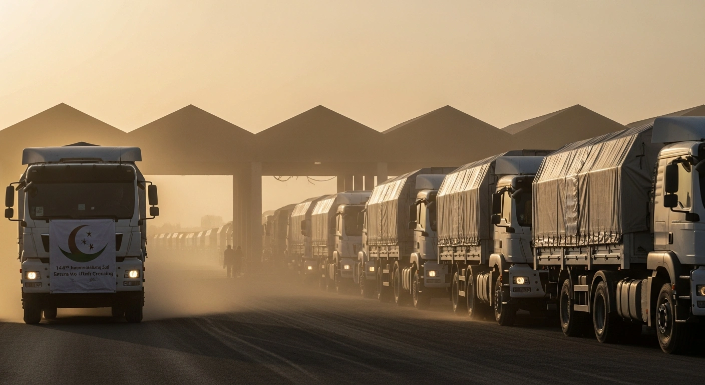 A long convoy of white humanitarian aid trucks, bearing the Egyptian Red Crescent emblem, is depicted passing through the Rafah Border Crossing into the Gaza Strip, carrying essential food, medical supplies, fuel, and winter provisions under inspection.