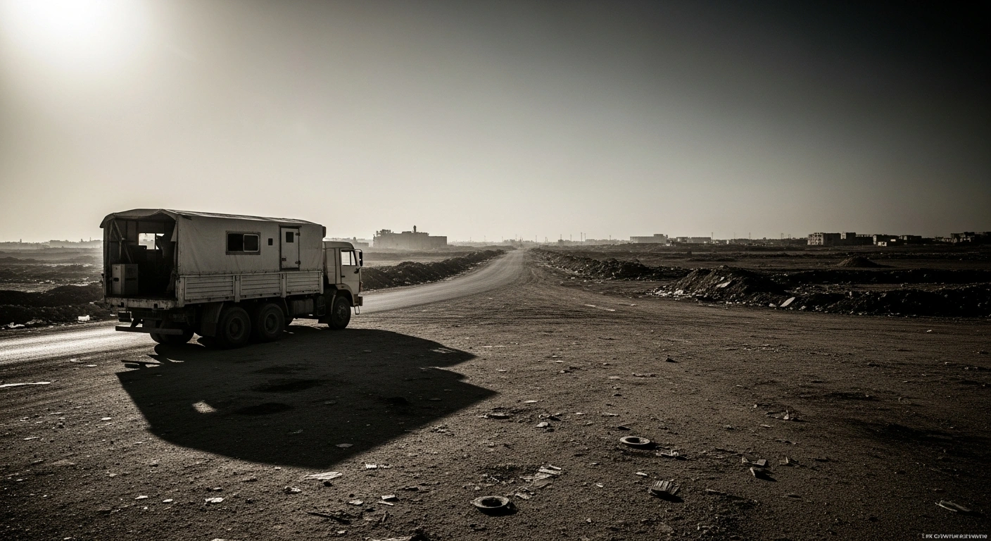 A lone humanitarian aid truck sits on a dusty road near the Gaza Strip as the German government expresses concern over potential long-term control plans.