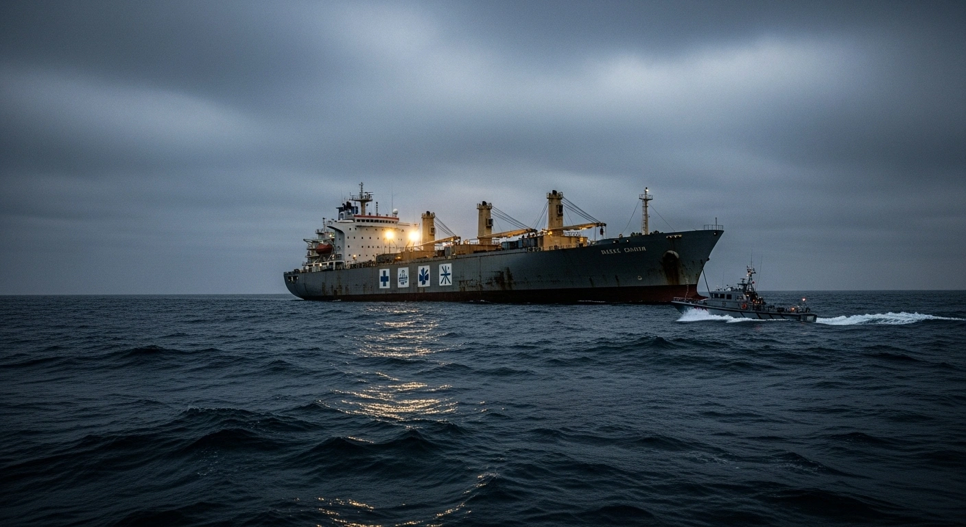 A large, weathered humanitarian aid cargo ship, part of a flotilla, is illuminated by harsh artificial light on a dark, turbulent ocean, with a small, fast-moving patrol boat in the foreground, symbolizing the interception of the Global Sumud Flotilla carrying aid to Gaza in international waters.