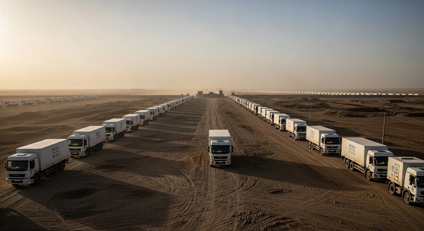 A long convoy of white humanitarian aid trucks is stalled or moving slowly near a fortified checkpoint in a desolate, dusty landscape, symbolizing the restriction of aid into Gaza amidst critical shortages, a situation a senior UNRWA official has stated violates international law.