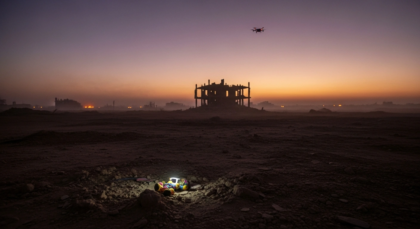 A desolate, dust-choked landscape at dawn in Gaza, showing the skeletal remains of a building and a tattered child's toy half-buried in rubble, symbolizing the aftermath of Israeli air raids and drone attacks near Khan Younis, which resulted in deaths despite a ceasefire.
