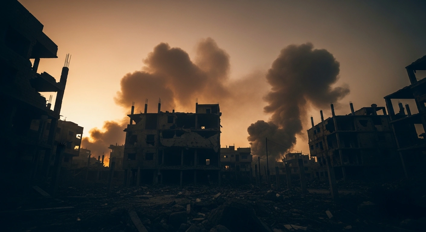 The aftermath of an Israeli airstrike in the northern Gaza Strip shows damaged buildings and smoke rising into the sky following the death of Brigadier-General Abdel-Nasser Al-Maqadma.