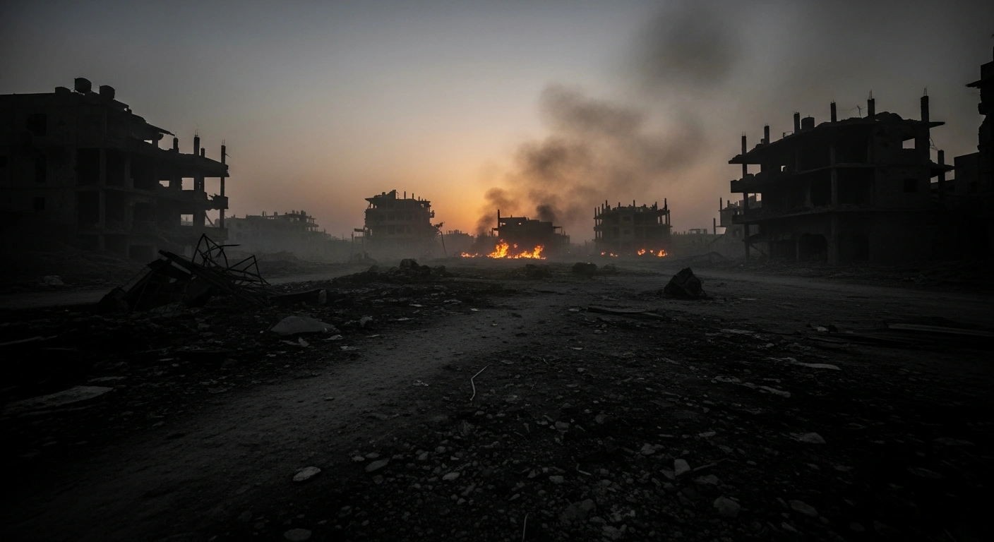 The aftermath of Israeli airstrikes in the Gaza Strip shows destroyed urban buildings and debris under a smoky sky.