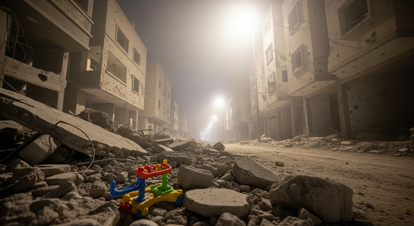 A desolate, dust-filled street in Gaza shows concrete rubble and a child's brightly colored toy, symbolizing the human cost of recent Israeli airstrikes that killed 33 people, including 12 children and 8 women, in areas like Khan Younis and Gaza City.
