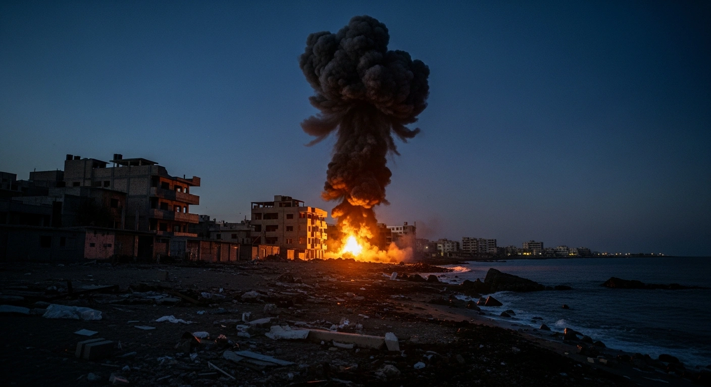 A plume of smoke rises over a coastal area in the Gaza Strip following a targeted airstrike against a Hamas maritime commander.