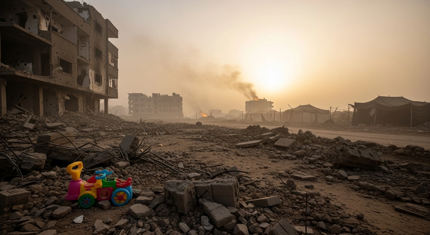 A wide, low-angle shot shows the dusty, pre-dawn aftermath of Israeli airstrikes in Gaza, with a child's toy amidst the rubble of an apartment building and the skeletal remains of a tent camp in the background, depicting the devastation and loss of Palestinian lives, including women and children, following alleged truce violations by Hamas.