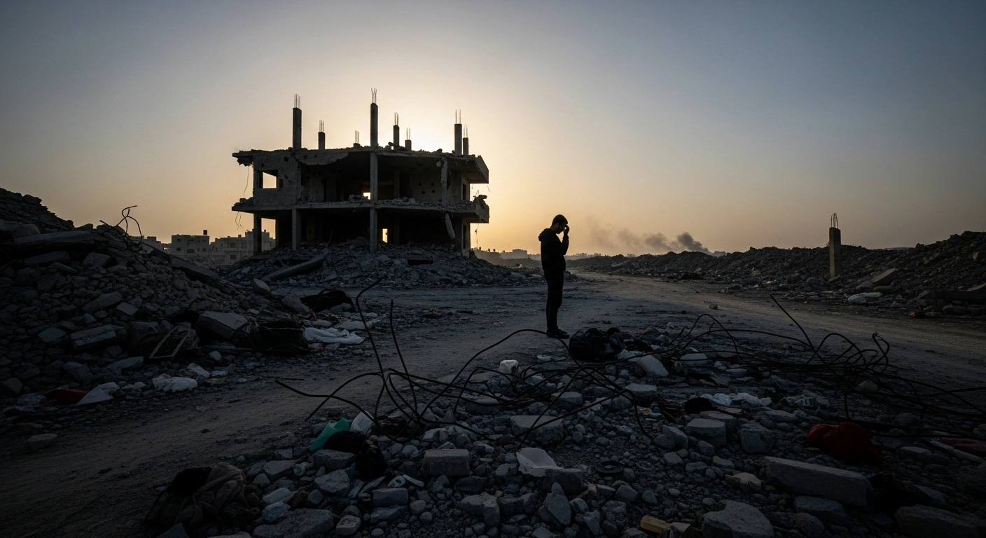 A wide, low-angle shot depicts a desolate street in the Gaza Strip, featuring a partially demolished concrete building and rubble under a pre-dawn sky, illustrating the aftermath of continued attacks and the human toll amidst a violated ceasefire.