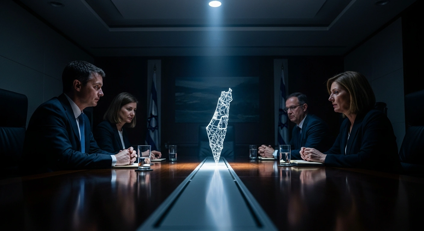 Four figures representing the United States, Qatar, Egypt, and Turkey are seated around a polished conference table, illuminated by a spotlight on a delicate, glowing map of the Gaza region, symbolizing their review of the fragile Gaza ceasefire agreement and discussions on a transitional administration.