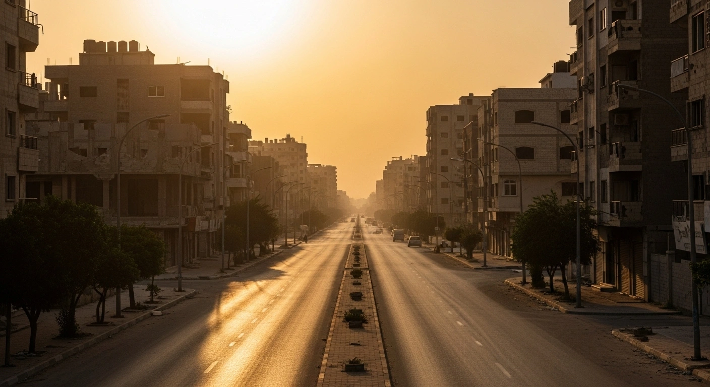 A wide, desolate street in Gaza City at late afternoon, bathed in a hazy, golden-orange light with damaged buildings, visually representing the urgent warning from Israel's Defense Minister for residents to evacuate south or be considered 'terrorists and terror supporters' amidst intensified military operations.