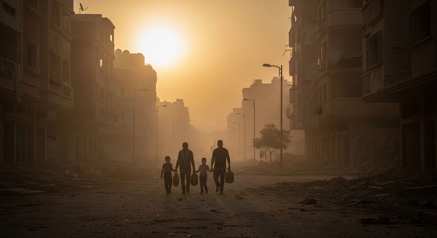 A displaced Palestinian family walks through the dust-choked, rubble-strewn streets of Gaza City at dawn, illustrating the humanitarian crisis and widespread displacement caused by intensified Israeli attacks.
