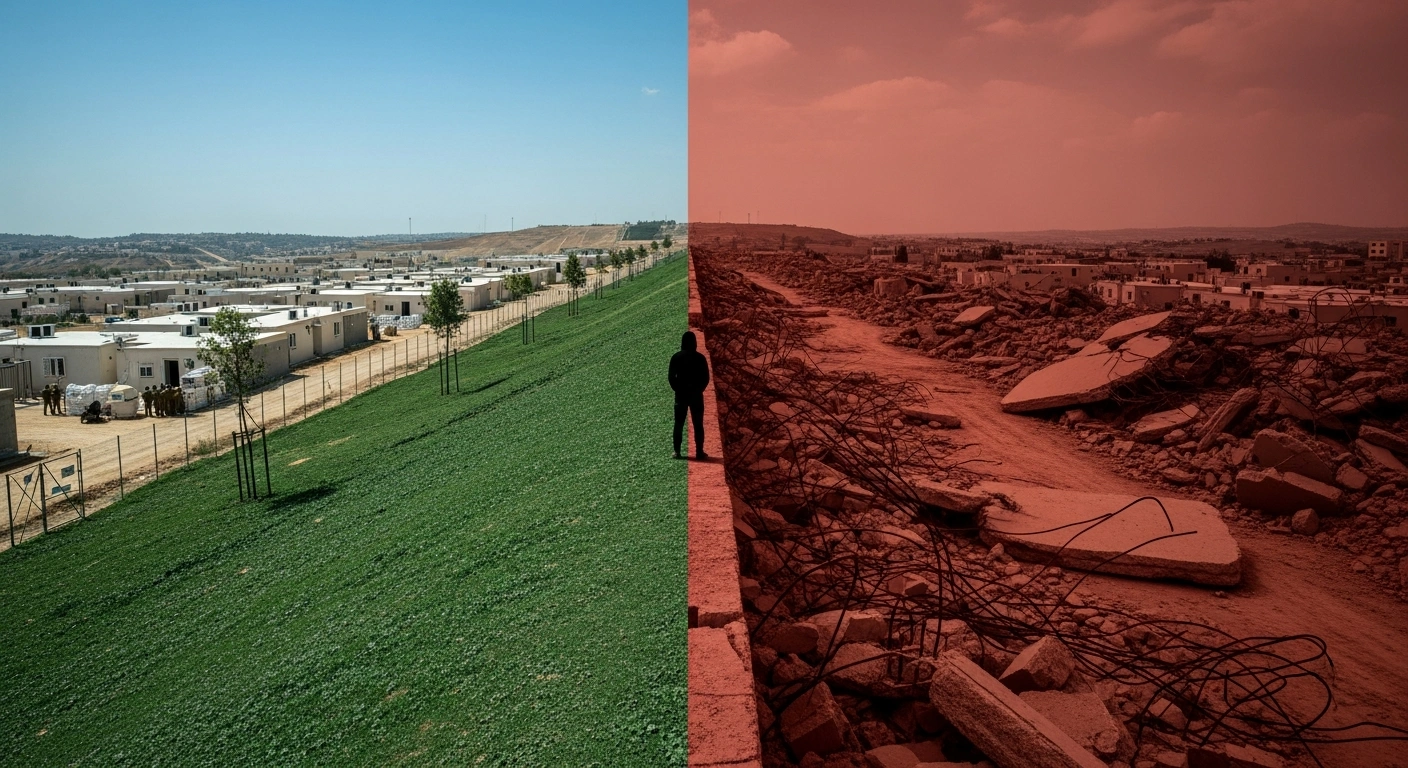 An aerial view shows a starkly divided landscape in Gaza, with a 'green zone' featuring new, pristine buildings under clear skies on one side, and a 'red zone' of devastated rubble under a dusty, overcast sky on the other, illustrating the proposed long-term division under international and Israeli military control and its implications for Palestinian self-determination as part of a broader peace initiative.