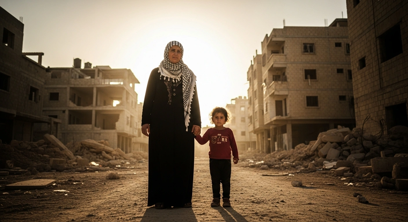 A Palestinian mother and child stand amidst the rubble in Gaza while waiting for evacuation assistance from the UK government.