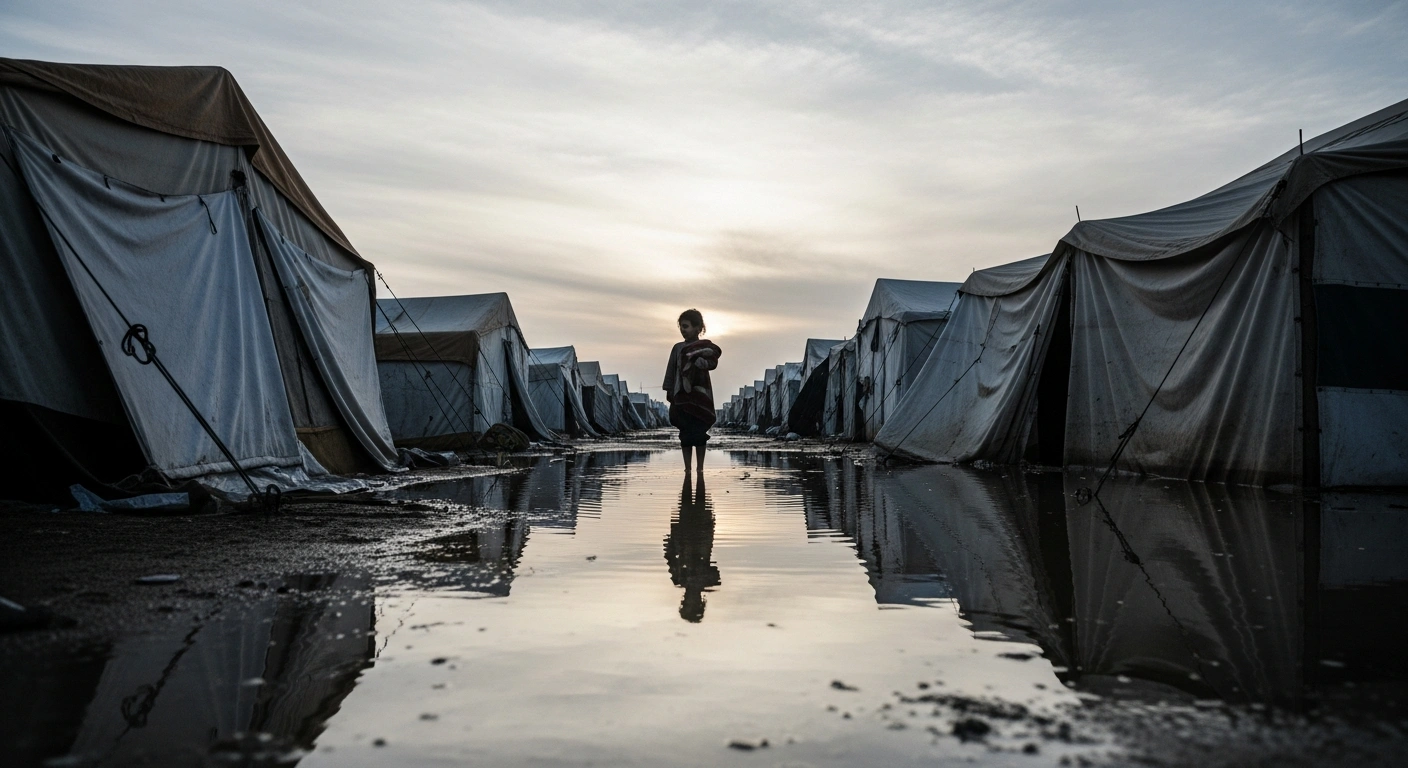 A wide, low-angle shot captures a flooded displacement camp in Gaza at dawn, showing numerous flimsy tents partially submerged in murky water under an overcast winter sky, with a small child standing in the foreground, symbolizing the dire conditions caused by heavy winter rains and widespread flooding for Palestinians.