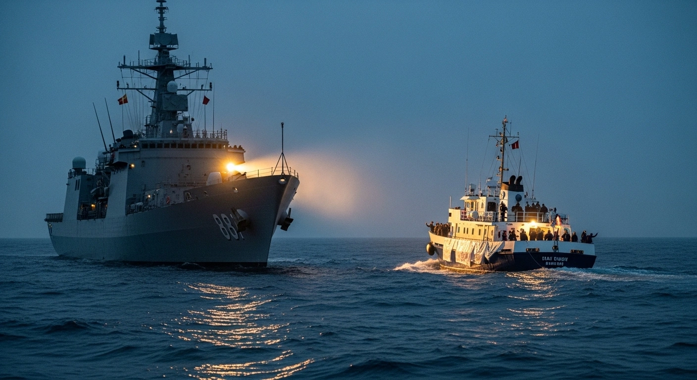 A large naval vessel with searchlights intercepts a smaller humanitarian aid ship carrying activists in choppy international waters at dawn, symbolizing the Global Sumud Flotilla incident involving Israeli forces and Turkish citizens.