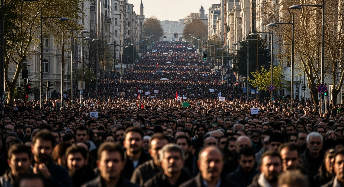 Hundreds of thousands of people are shown marching in a wide, slightly elevated shot down a bustling city avenue, protesting Israel's 2010 raid on the Gaza Freedom Flotilla and the deaths of ten activists aboard the Mavi Marmara.