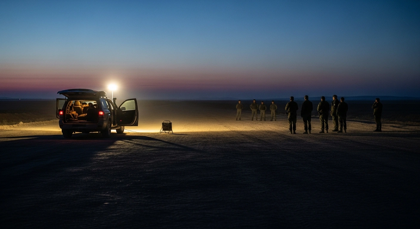 A somber, dust-swept border crossing at twilight shows silhouetted figures observing the transfer of a body from a vehicle under floodlights, representing the handover of a hostage's remains, identified as Thai national Sudthisak Rinthalak, as part of a US-brokered ceasefire agreement between Hamas and Israel, with Israeli police officer Ran Gvili's remains still in Gaza.
