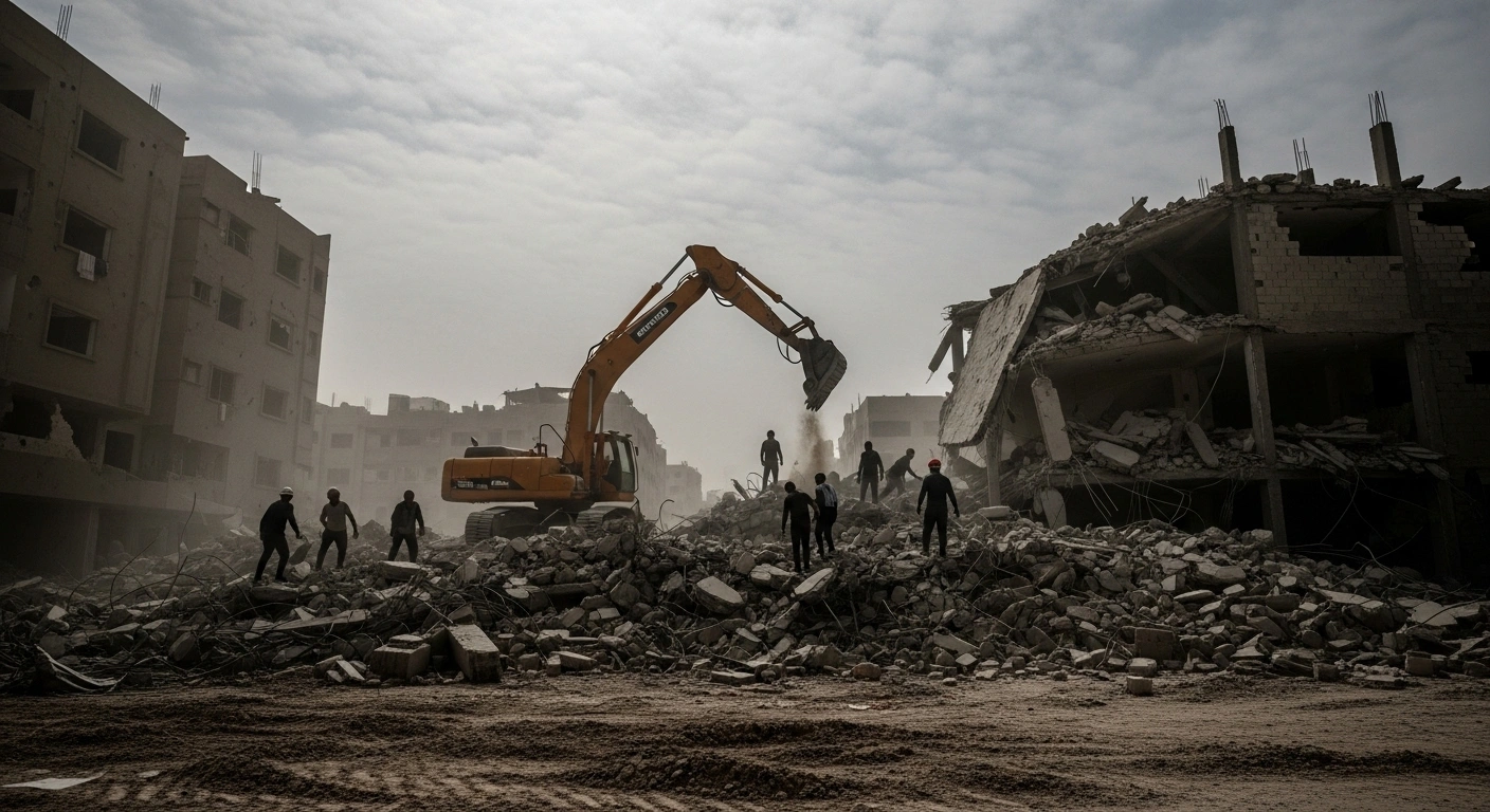 A wide, low-angle shot captures a desolate, dust-filled urban landscape in the Gaza Strip, showing search teams and heavy excavation equipment sifting through extensive rubble and destroyed buildings under an overcast sky, symbolizing the search for remaining Israeli hostage bodies.