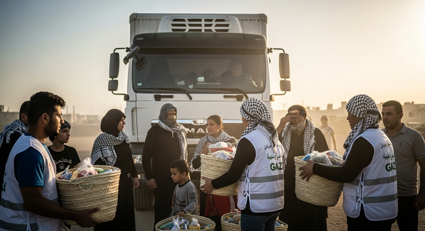 A humanitarian aid convoy truck from the King Salman Humanitarian Aid and Relief Center (KSrelief) is seen in the Gaza Strip during golden hour, with aid workers distributing essential food baskets to Palestinian people.