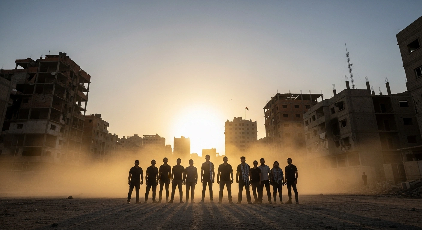 A wide, low-angle shot at dawn shows a diverse group of figures silhouetted against a partially reconstructed Gaza skyline, looking towards a subtly illuminated horizon, symbolizing a new Palestinian technocratic leadership and post-conflict reconstruction.