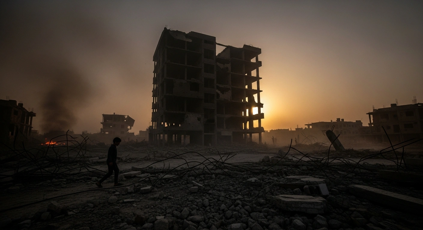 A wide, low-angle shot shows a bombed-out building silhouetted against a smoke-filled twilight sky, with dust and rubble in the foreground, and a lone figure walking through the devastation, depicting the aftermath of military operations and bombings in Gaza amidst a critical humanitarian situation.