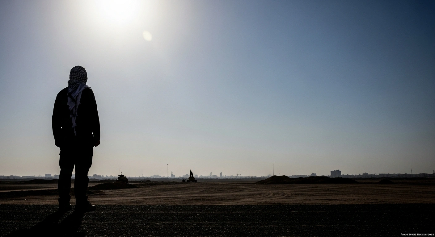 A stark, wide-angle shot of a silhouetted figure standing defiantly against a dusty Gaza landscape, with subtle hints of military presence and new construction in the background, symbolizing the rejection of peace plans and advocacy for military rule and settlements by far-right Israeli officials.