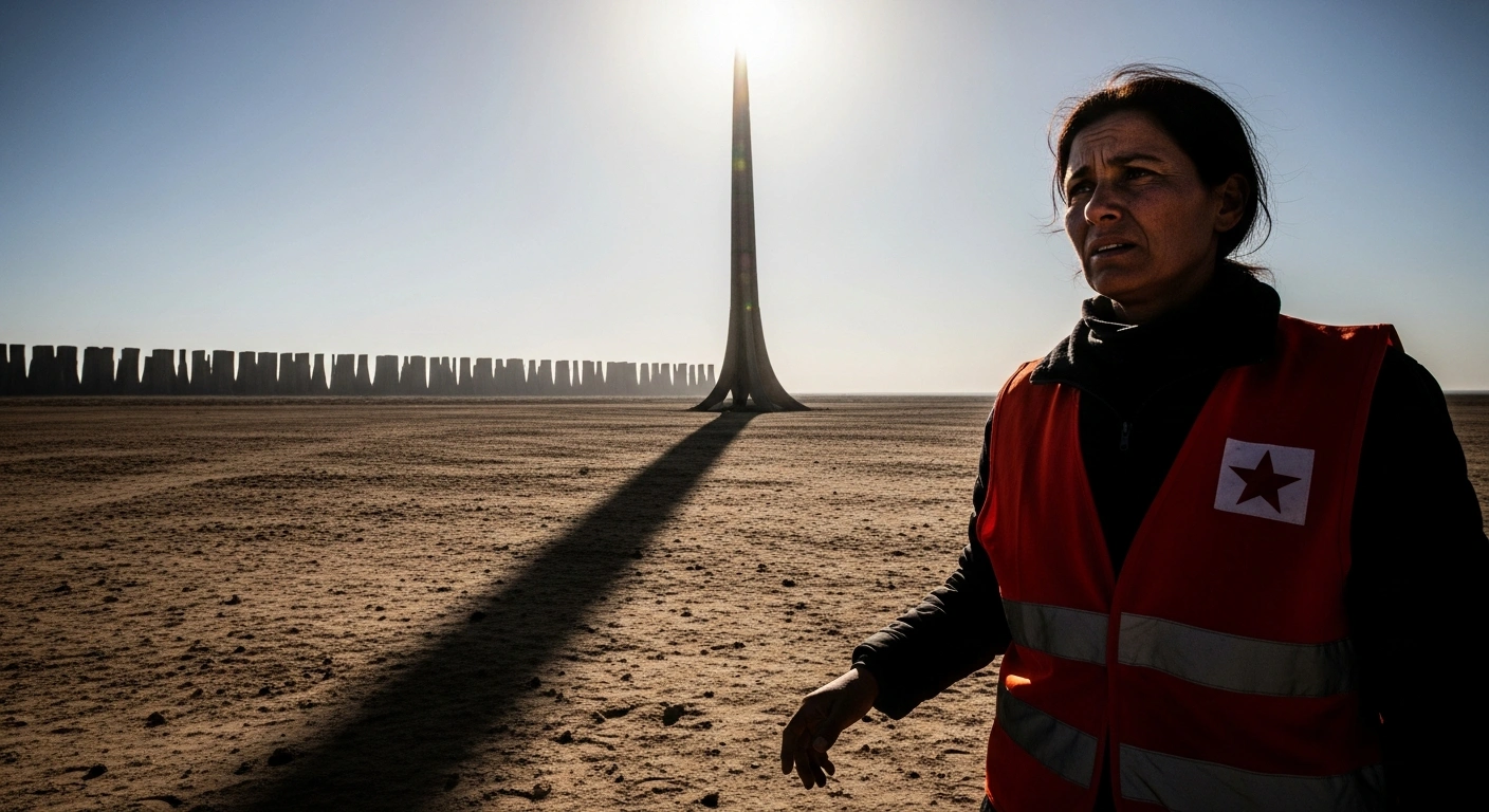 A lone, weary aid worker stands in a parched, dusty landscape, silhouetted against a distant, imposing barrier, symbolizing the impending blockage of critical aid delivery to international NGOs in Gaza and the West Bank amidst a humanitarian crisis.
