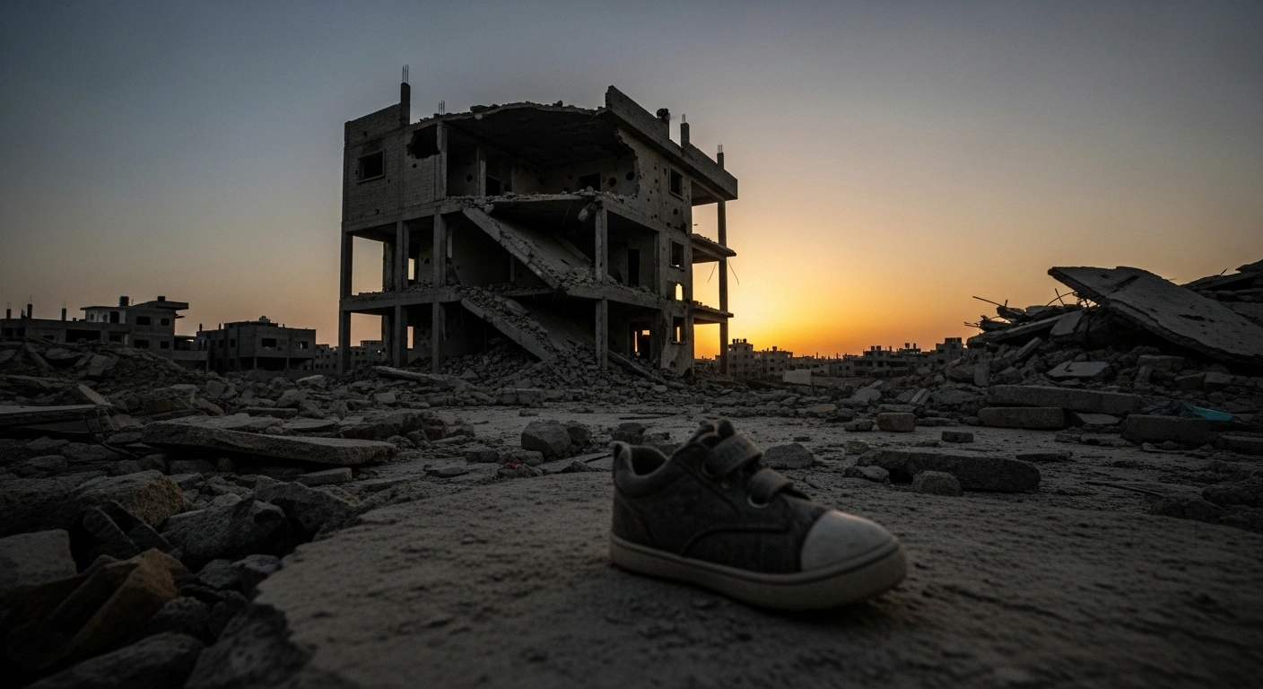 A wide, low-angle shot depicts the skeletal remains of a building in Gaza City under a bruised twilight sky, with a worn child's shoe on rubble in the foreground, symbolizing the severe humanitarian crisis resulting from Israel's offensive.
