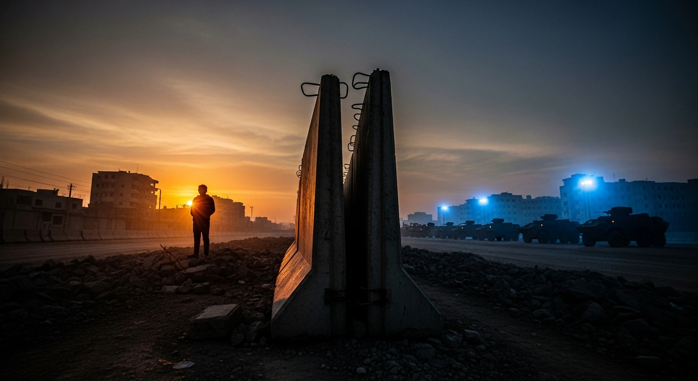 A wide, low-angle shot depicts a stark concrete barrier dividing a desolate urban landscape under a twilight sky, with a lone figure amidst rubble on one side under a fading sun, and distant armored vehicles under cold floodlights on the other, symbolizing the faltering US-led peace plan for Gaza, reconstruction and security challenges, Israeli control, and the potential de facto partition of the territory.