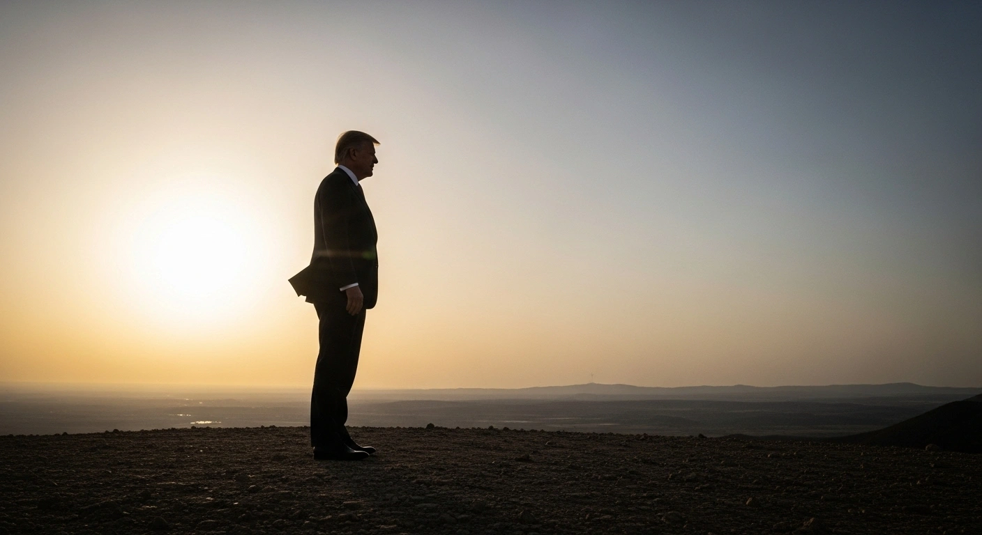A distinguished statesman, representing German Chancellor Friedrich Merz, stands silhouetted against a golden hour sky, looking towards a distant, glowing horizon, symbolizing Germany's political and financial support for the US-backed Gaza peace plan as the best chance for peace.
