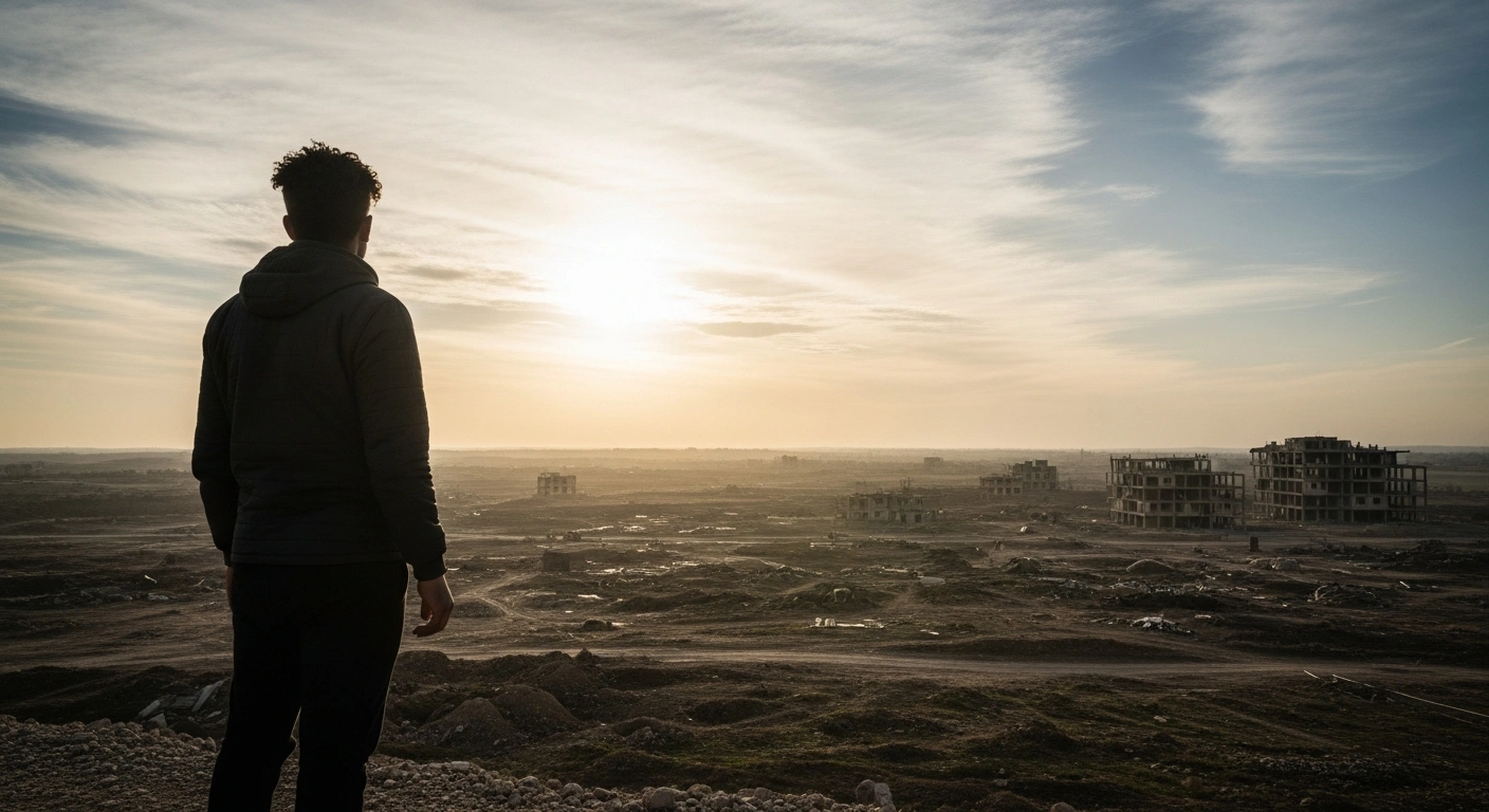 A lone figure, representing a diplomat, stands silhouetted against a dramatic golden-hour sky, gazing over a vast landscape in the Gaza Strip with partially rebuilt structures, symbolizing the complex task of peace, governance, disarmament, and reconstruction overseen by the U.S. President's Board of Peace for Gaza.