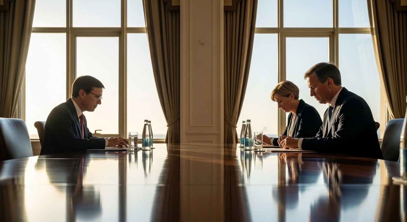 Three prominent officials, including US officials Steve Witkoff and Jared Kushner, and Qatari Prime Minister Sheikh Mohammed bin Abdulrahman Al Thani, are seated at a polished conference table in Sharm el-Sheikh, Egypt, engaged in intense discussions for Gaza peace talks, aiming for a ceasefire, hostage release, and reconstruction.