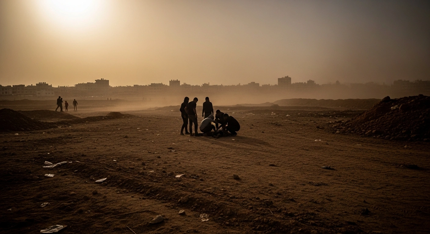 A desolate, dusty scene in central Gaza shows the aftermath of an incident near the Maghazi refugee camp where a Palestinian man was killed and others injured by Israeli troops, with distant figures tending to casualties.