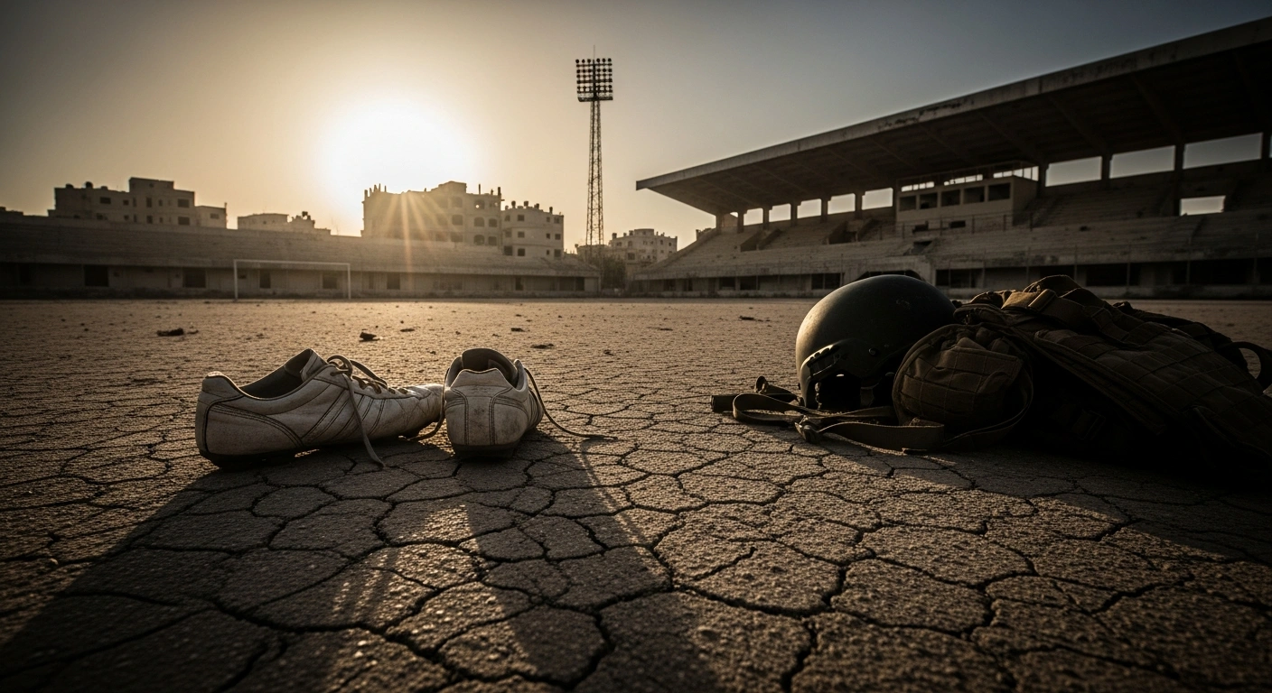 A pair of soccer cleats rests near tactical equipment on a desolate stadium field in Gaza, reflecting IDF intelligence reports regarding the involvement of sports figures in militant activities.