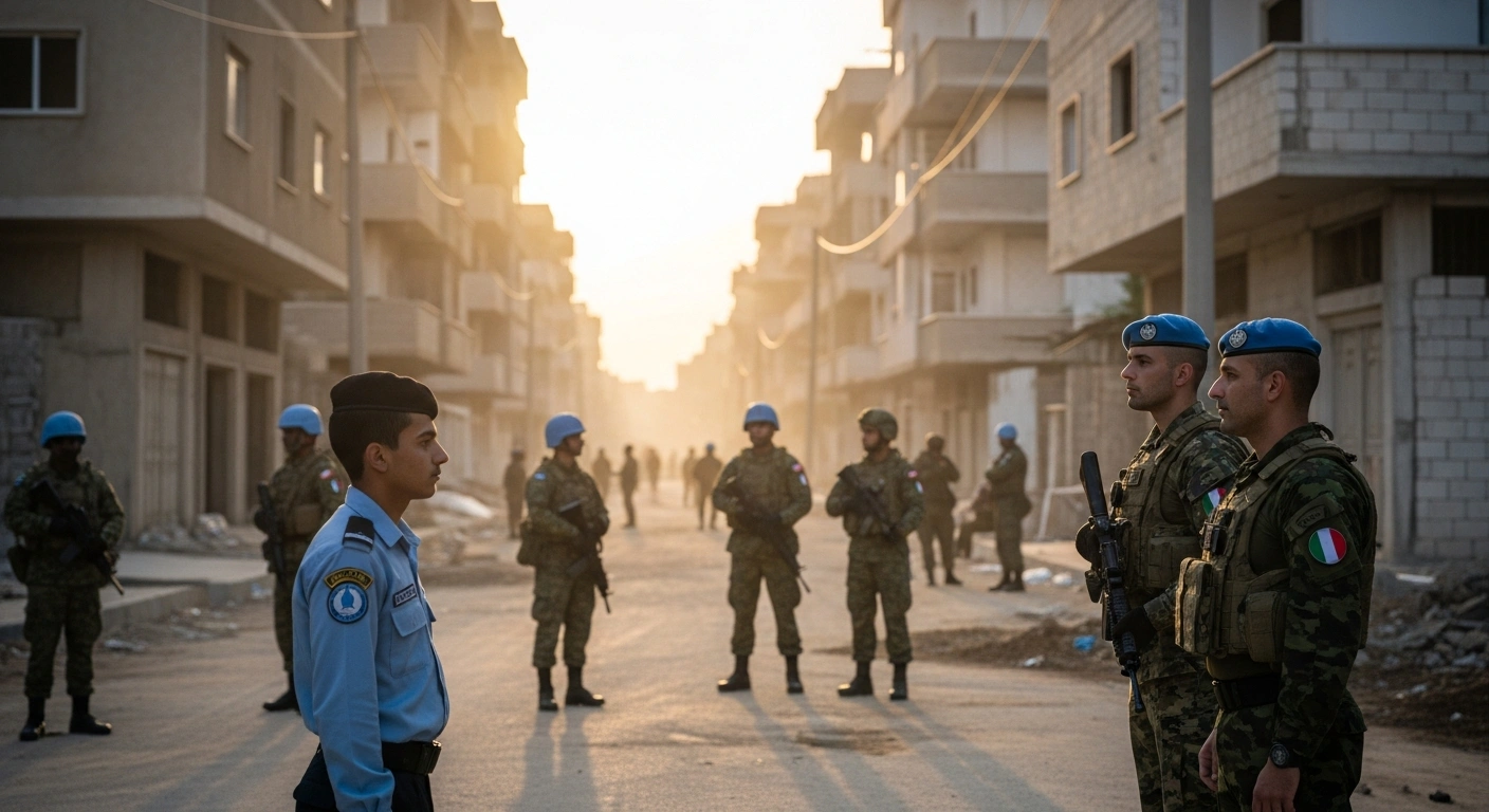 International peacekeepers in blue helmets and various national flags patrol a partially rebuilt street in Gaza at dawn, interacting with local residents and training a Palestinian police recruit, symbolizing the proposed International Stabilization Force and its mandate to secure borders, protect civilians, and train local forces.