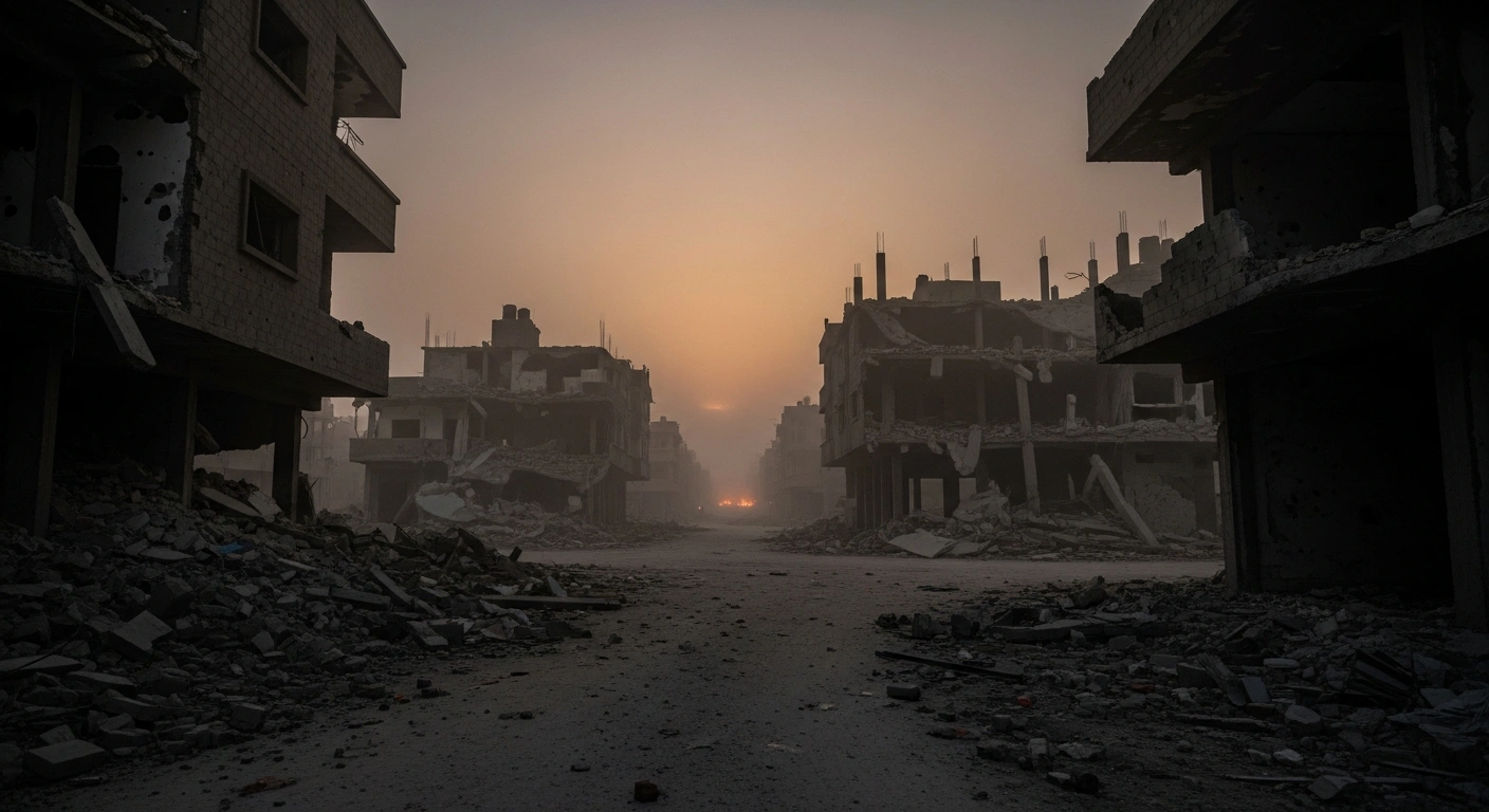 The aftermath of Israeli military strikes in the Gaza Strip shows ruined buildings and debris in a residential area during a humanitarian crisis.