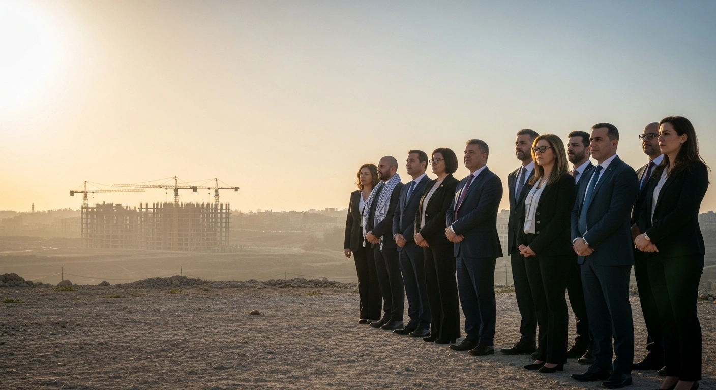 A wide, cinematic shot at golden hour shows a group of Palestinian technocrats standing purposefully, looking towards a horizon where construction cranes rise above partially rebuilt structures in Gaza, symbolizing the second phase of President Donald Trump's peace plan focusing on governance, demilitarization, and reconstruction.
